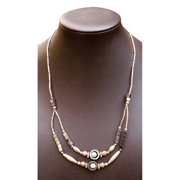 Handmade Liquid Silver, Hematite, and Faux Turquoise Bead Necklace Vintage - Picture 2 of 4